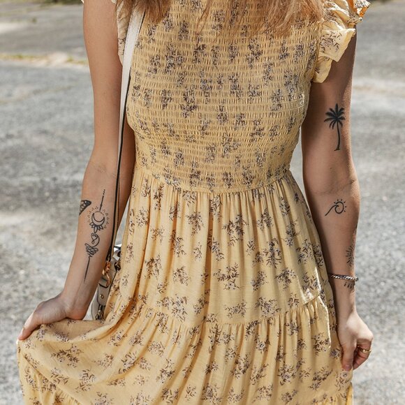 B265 Yellow Boho Floral Print Ruffle Smocked Flowy Summer Dress - Picture 3 of 12
